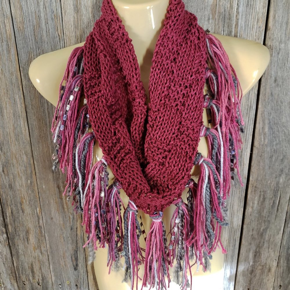 NEW Hand Knitted Pink Gray Infinity Boho Cowl Scarf Fringe Handmade Gift Knit Ha